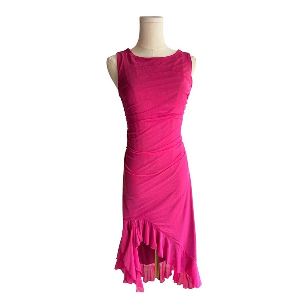 Pink ruched bodycon midi dress with asymmetrical hem